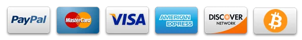 Accepted payment methods: PayPal, MasterCard, Visa, American Express, Discover, Bitcoin